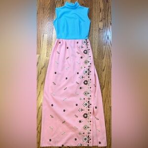 Toni Todd VTG Retro 60s 70s Maxi Dress  Embroidered Floral Pink Blue Hippie Boho